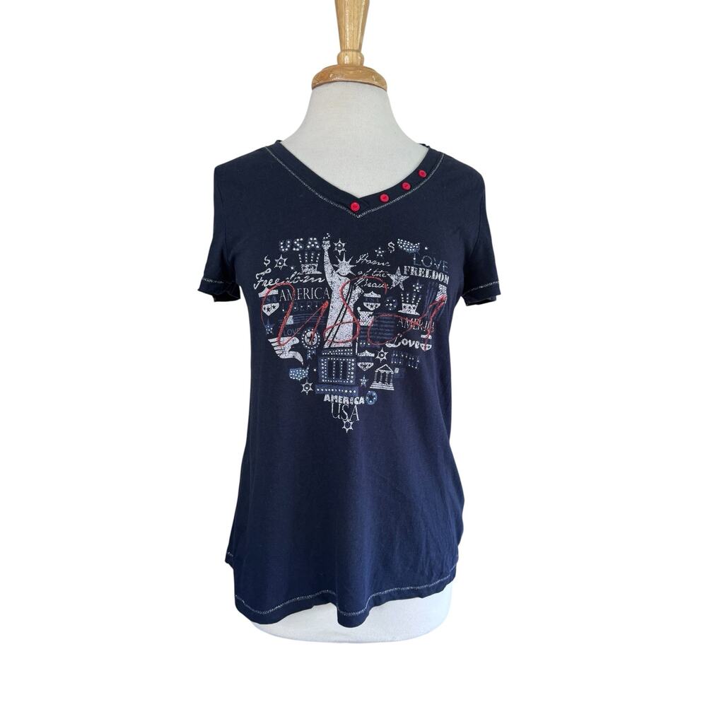 FRESH BLEU Patriotic Embellished Cotton Modal Tee Sz Large Womens Red White Blue